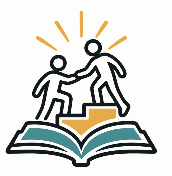 Two people helping each other climb steps above an open book.
