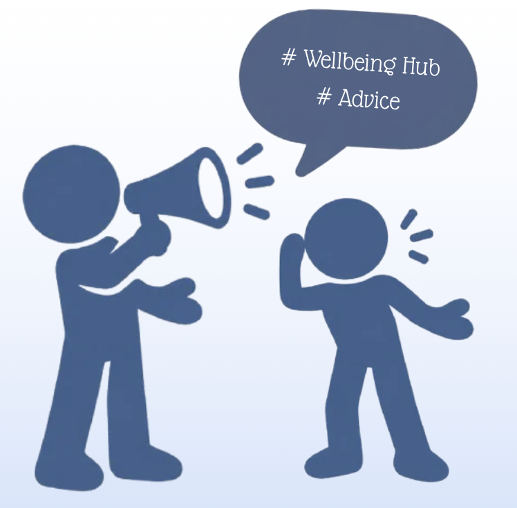 One person speaking through a megaphone while another person listens.