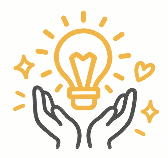 Two hands holding a glowing light bulb surrounded by small decorative marks.